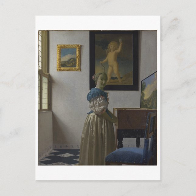 Postal Lady Standing en un Virginal por Johannes Vermeer (Anverso)
