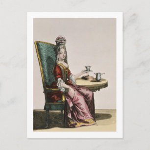 Postal Lady Tomando café, plato de moda, c.1695 (engravi
