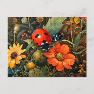 Postal Ladybug en un simple Ilustracion Dahlia Bloom