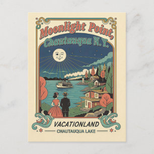 Postal Lago Chautauqua, NY Punto de luz de luna Retro año