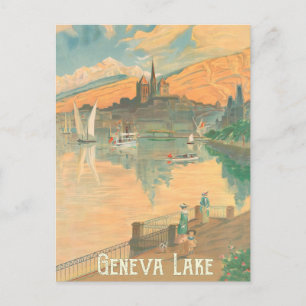Postal Lago de Ginebra, gente en un paseo, Suiza