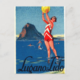 Postal Lago de Lugano, playa, niña con pelota de playa, v