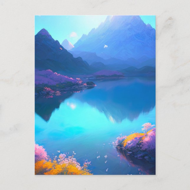 Postal Lago de montaña con flores silvestres florecientes (Anverso)
