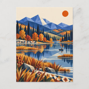 Postal Lago de montaña de Canoa de Otoño Arte Folclórico