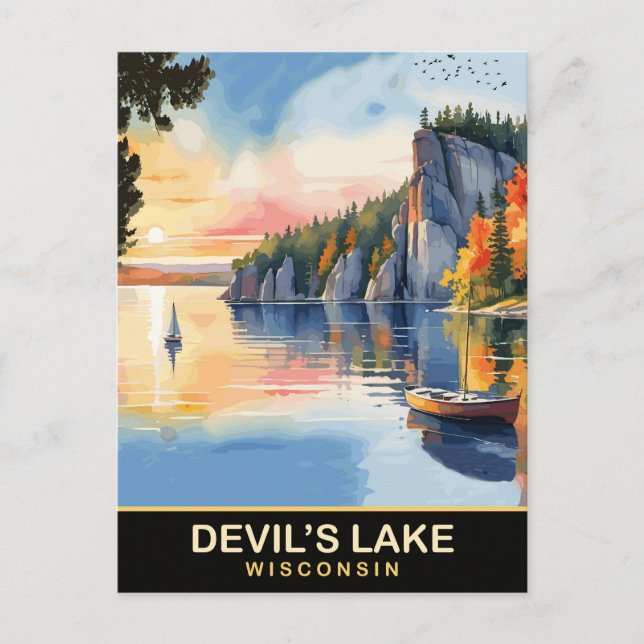 Postal Lago del diablo, Wisconsin, Watercolor Travel (Anverso)