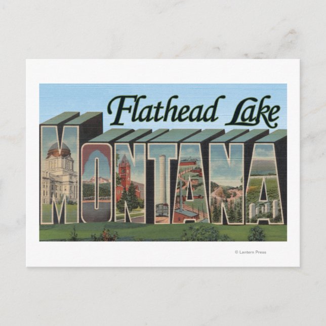 Postal Lago Flathead, Montana - Escenas de letras grandes (Anverso)