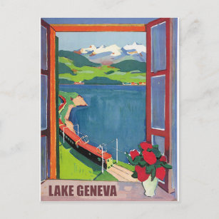 Postal Lago Ginebra, ferrocarril, vista desde la ventana