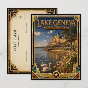 Postal Lago Ginebra Wisconsin Arte Deco Vintage Edad Dora