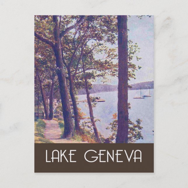Postal Lago Ginebra, Wisconsin, estilo de viaje vintage (Anverso)