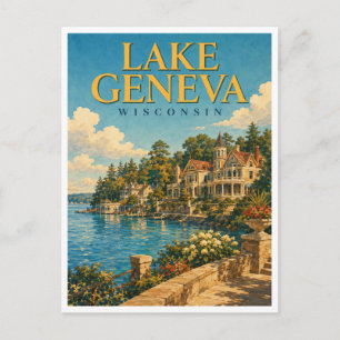 Postal Lago Ginebra Wisconsin Lakeside Watercolor GeoSaga