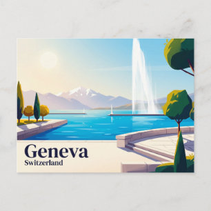 Postal Lago Ginebra y Jet d'Eau Suiza