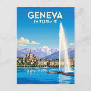 Postal Lago Ginebra y Jet d'Eau Suiza