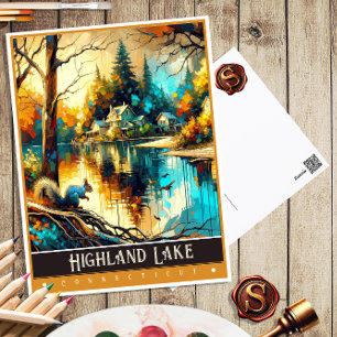 Postal Lago Highland, Connecticut   Pintura Vintage