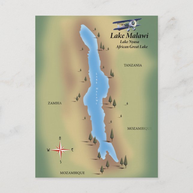 Postal Lago Malawi, impresión de mapa de afiches de viaje (Anverso)