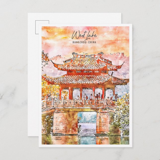Postal Lago Oeste Hangzhou China vintage acuarela (Anverso / Reverso)