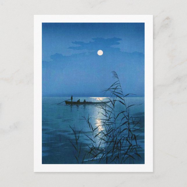 Postal Lago Reed y Luna Llena, Koho Shoda, Woodcut (Anverso)