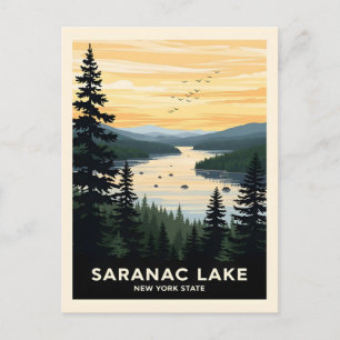 Postal Lago Retro Saranac   Viajes de Nueva York