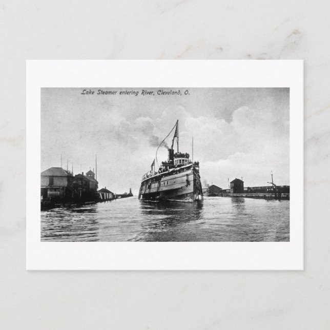 Postal Lago Steamer ingresando al río, Cleveland, Ohio (Anverso)