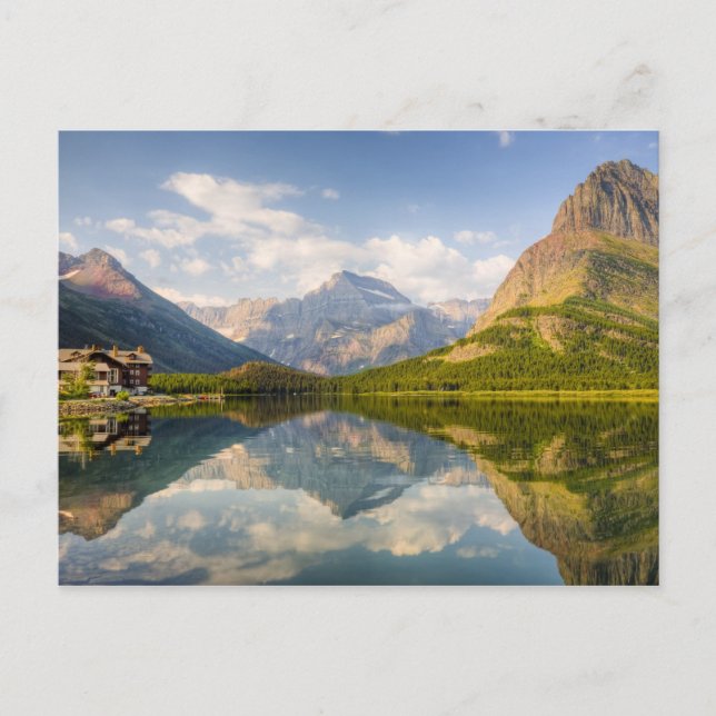 Postal Lago Swiftcurrent con el hotel Many Glacier y (Anverso)