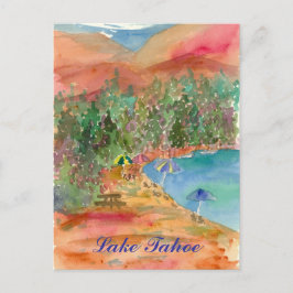 Postal Lago Tahoe Playa de Verano Montañas Umbrellas