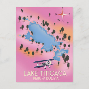 Postal Lago Titicaca, Perú, mapa del lago de Bolivia arte