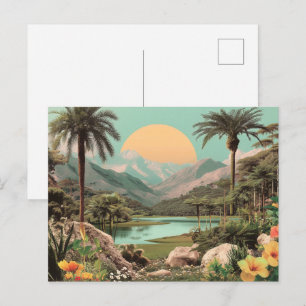 Postal Lago Tropical Surrealista con Palmeras