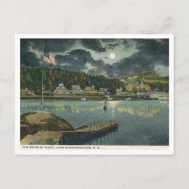 Postal Lago Winnipesaukee, NH The Weirs en la noche de lo (Anverso)