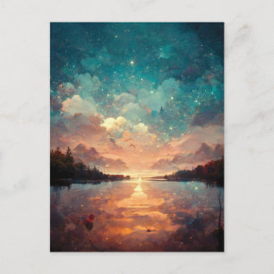 Postal Lago Y Atardecer Soñosos   Paintaje paisajístico