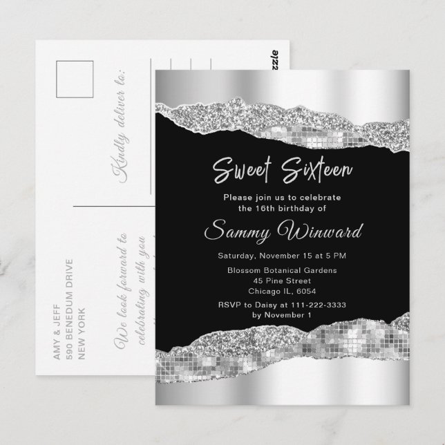 Postal Lágrimas de glam de plata y negro dulces dieciséis (Anverso / Reverso)