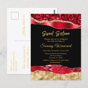 Postal Lágrimas de glamour rojo y dorado Sweet Sixteen
