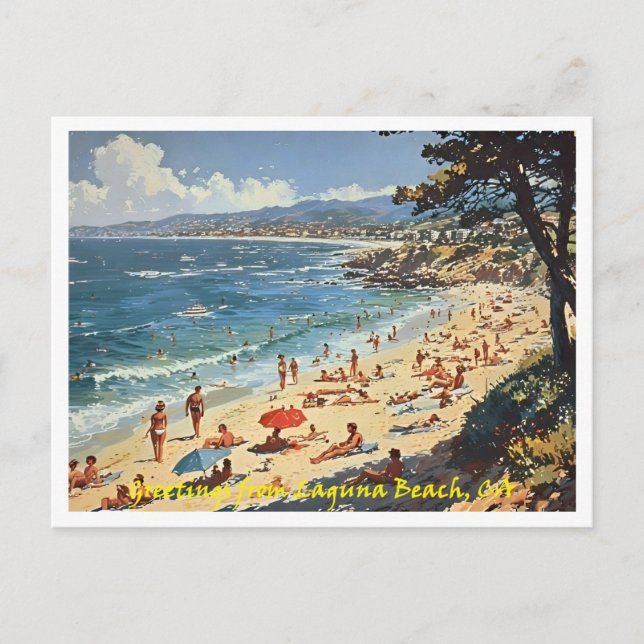 Postal Laguna Beach CA, Ilustracion de Saludos (Anverso)