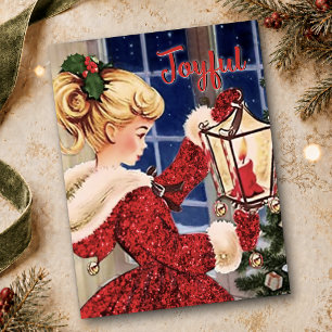 Postal Lámpara de vela de Navidad vintage roja con brillo
