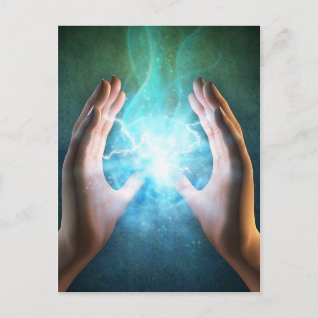 Postal Lámpara verde potentes manos curadoras (Anverso)