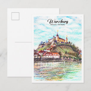 Postal Lápices de Colores Boceto Wurzburgo Baviera Aleman