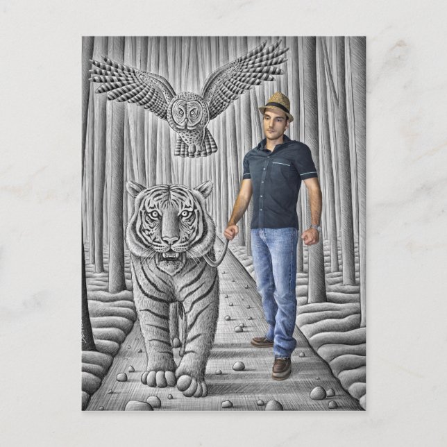 Postal Lápiz Vs Cámara - Tigre, Búho, Hombre (Anverso)