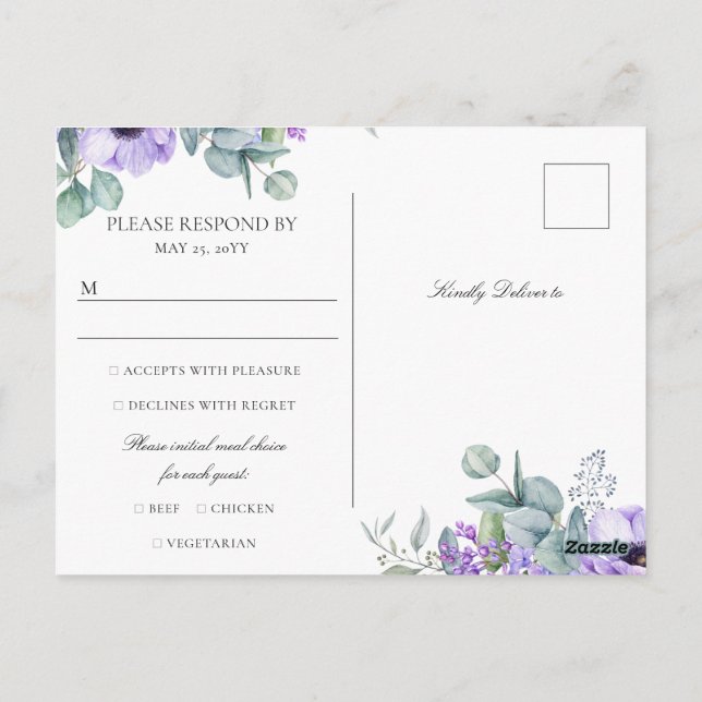 Postal Larissa Purple Floral Meal Choice Wedding RSVP (Reverso)