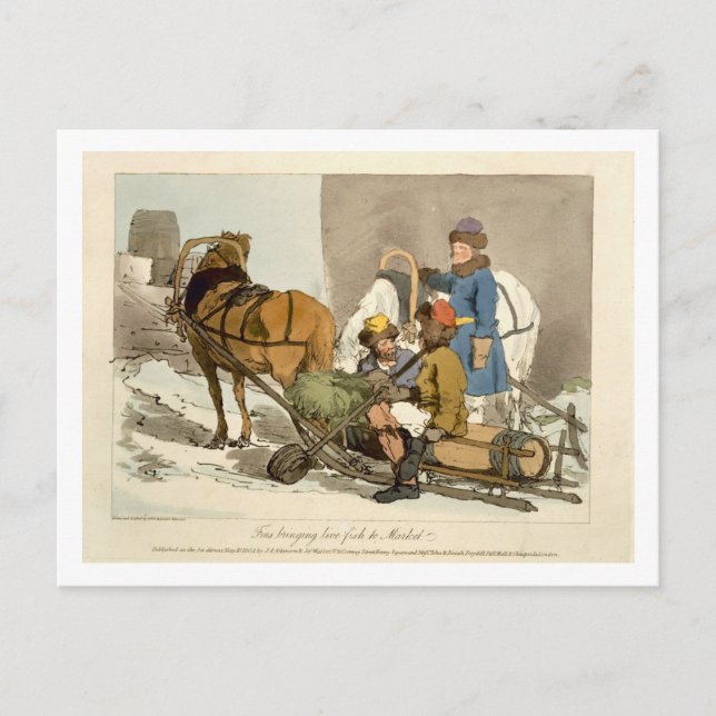 Postal Las aletas llevan pescado vivo al mercado, grabado (Anverso)