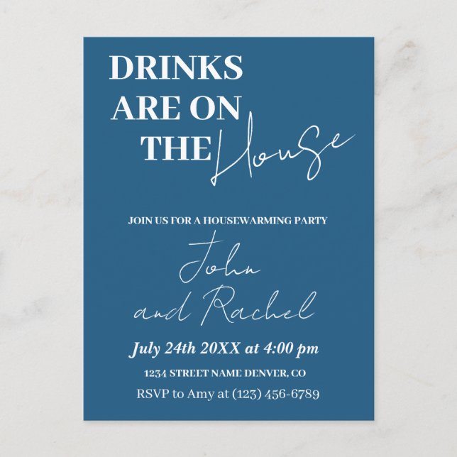 Postal Las bebidas están en la casa fiesta caliente azul (Anverso)