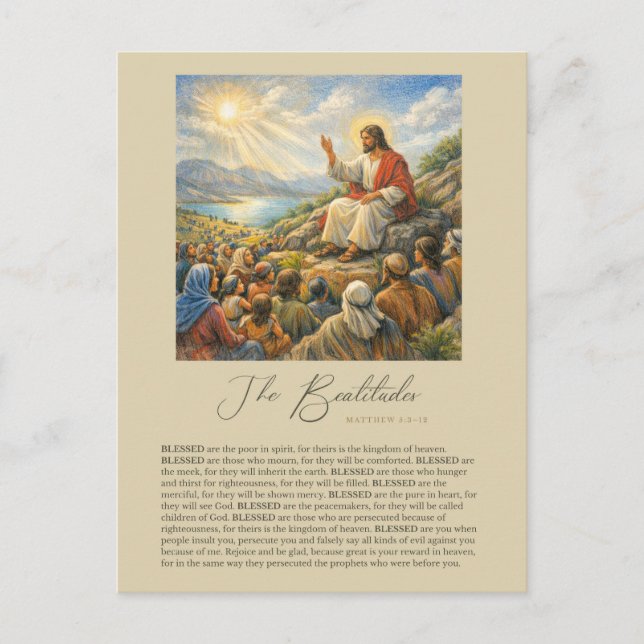 Postal Las Bienaventuranzas Mateo 5:3–12 Sermón de la Mon (Anverso)