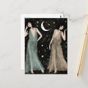 Postal Las damas bailan bajo la luz de la luna