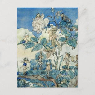 Postal Las hadas vintage en un Bush Rosa