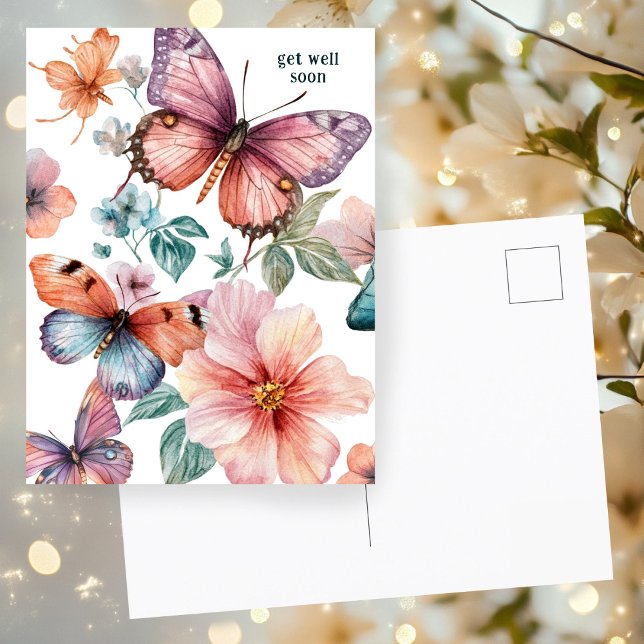 Postal Las hermosas mariposas y flores se vuelven bien pr (Beautiful Butterflies and Flowers GET WELL SOON Postcard
)