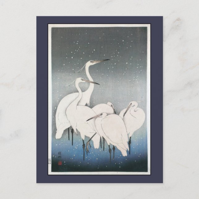 Postal Las ovejas añejas de Ohara Koson en la nieve (Anverso)