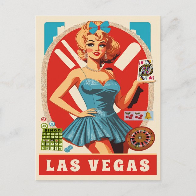 Postal Las Vegas, mujer con tarjetas, viajes (Anverso)
