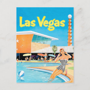 Postal Las Vegas, mujer junto a la piscina, vintage, viaj