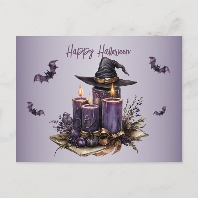 Postal Las velas púrpuras de Halloween dan miedo (Anverso)