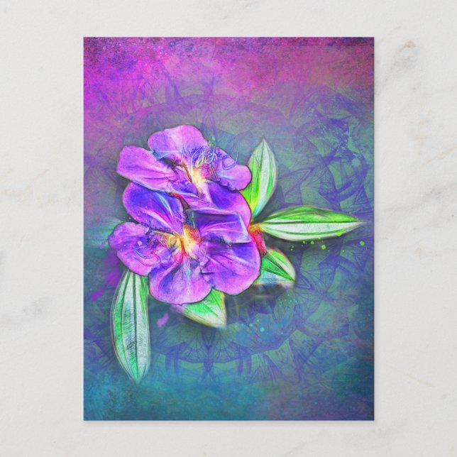 Postal lasiandra abstracta sobre caleidoscopio texturado (Anverso)