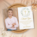 Postal Laurel Garland Primera Comunión Foto Gracias<br><div class="desc">Una guirnalda decorativa de laurel,  anillos de oro y crucifijo se sientan encima de su primer mensaje especial de agradecimiento de la comunión sagrada y además de su propia foto en este elegante diseño. Diseñado por Thisisnotme©</div>