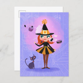 Postal Lavanda y rosa de la bruja roja de Halloween