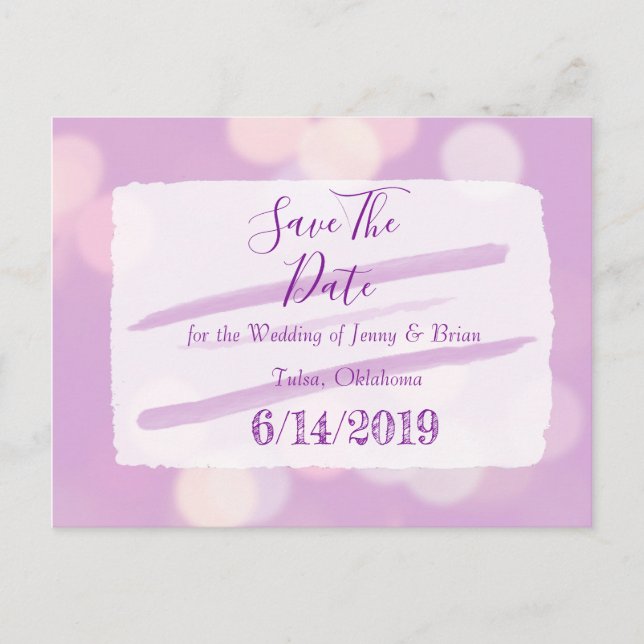 Postal Lavender Bokeh Wedding Save the Date (Anverso)